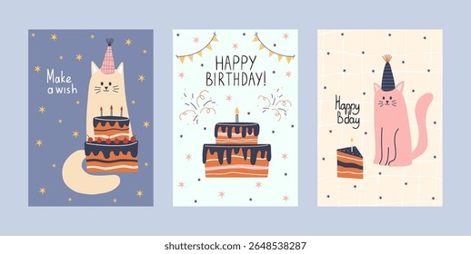 Hand drawn birthday cards with cute cats, cakes, candles, and party decorations. Whimsical and fun animal celebration illustrations, perfect for children’s greetings, party invites, or festive designs