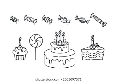 Hand Drawn Birthday Celebration Elements Including A Cake, Candies, Lollipop And Cupcake For Birthdays