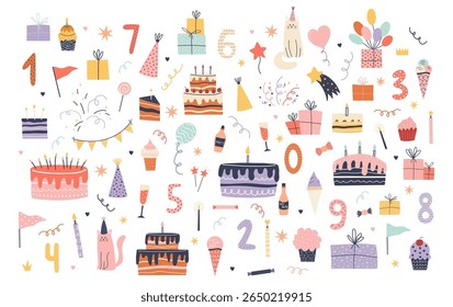 Elementos de celebração de aniversário desenhados à mão: bolos, presentes, velas, números, gatos, sorvete, cupcakes, chapéus de festa, guirlandas e balões. Coleção pastel divertida para a festa das crianças, convite, pacote de adesivos