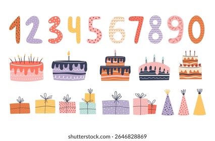 Clipart de aniversário desenhado à mão com números bonitos, bolos, caixas de presente e chapéus de festa. Elementos vetoriais divertidos e coloridos em estilo doodle caprichoso. Perfeito para cartões de aniversário, convites de festa, decoração infantil