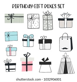 Hand drawn birthday collection of gift boxes. Kids vector illustration