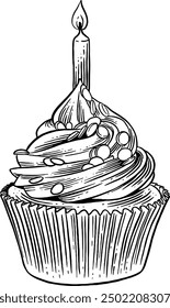 Hand drawn Birthday Cupcake with Candle Sketch Illustration