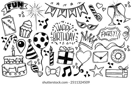 Dibujado a mano elemento de icono de doodle de cumpleaños. Garabato boceto doodle pastel de cumpleaños, globo, elemento de decoración de eventos. Fiesta, celebración de carnaval. Ilustración vectorial