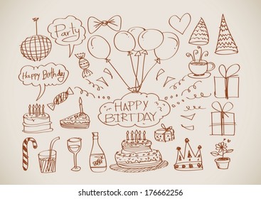 Hand drawn Birthday doodles Vector illustration