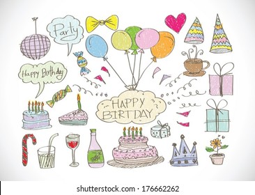 Hand drawn Birthday doodles Vector illustration