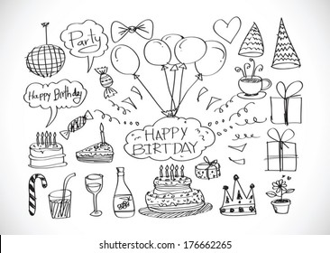 Hand drawn Birthday doodles Vector illustration