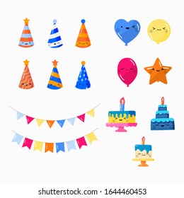 Hand Drawn Birthday Element Collection White Background Colorful Balloons Hats Cakes Gift Ornaments Kawaii Design