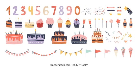 Hand drawn birthday element collection with pastel cakes, candles, numbers, cupcakes, party decorations and sweets. Perfect for greeting cards, posters, invitations, and kids celebration design.