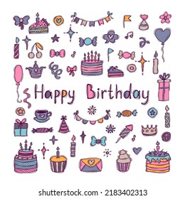 Elementos dibujados a mano para el cumpleaños. Colección de vacaciones. Decoración de garabatos. Conjunto de elementos de partido. Ilustración del vector