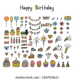 Hand drawn Birthday elements. Holiday collection. Party time clipart. Doodle decoration. Set of party elements. Vector illustration