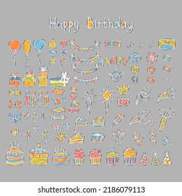 Hand drawn Birthday elements. Holidays. Party time clipart. Doodle decoration. Set of party elements. Vector illustration
