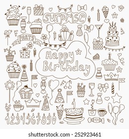 Hand drawn Birthday elements. Set of vector birthday party elements. Vector illustration
