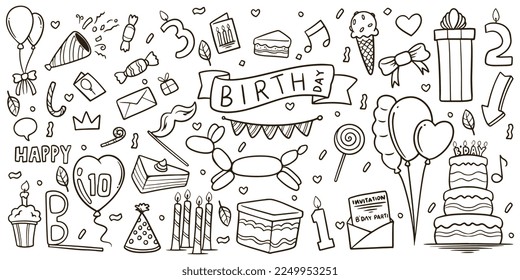 Hand drawn birthday equipments elements doodle set drawing isolated on white background.