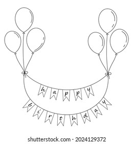 Banderas de cumpleaños dibujadas a mano con globos para la decoración. Esbozo de doodle en línea negra de la guirnalda del partido. Ilustración vectorial de los paquetes de felicitaciones. Celebración del cumpleaños de los niños, diseño de clipart
