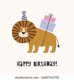 Hand drawn birthday greeting card or poster with lion in party hat, presents and lettering.