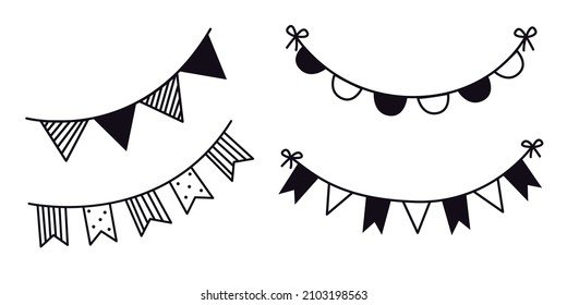 Hand drawn birthday or holiday flags for decoration. Black line doodle paper party garland. Vector illustration of carnival or festival bunting. Bullet journal divider elements for diary or notebook