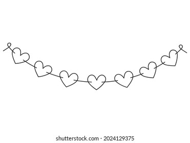 Hand drawn birthday or holiday heart shapes for decoration. Black line doodle sketch of party garland. Vector illustration of carnival or festival bunting. Kids birthday celebration, clipart design
