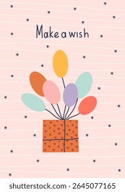 Hand drawn birthday illustration with colorful balloons flying out of a gift box. Cute pastel design on a pink striped background with scattered stars. Perfect for greeting cards, party decor