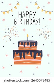 Hand drawn birthday illustration with a layered cake, candle, festive garlands, and fireworks. Cheerful and colorful design with playful stars, perfect for party invitations, kids decor