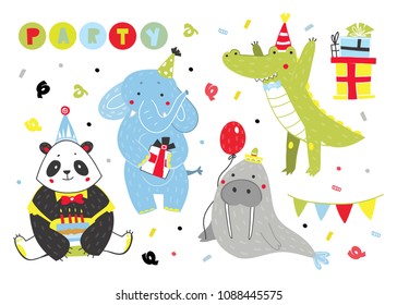 Hand drawn birthday party animals. Colored vector set. All elements are isolated