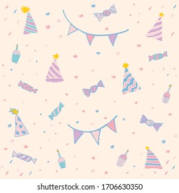 Hand drawn birthday, party, anniversary, carnival, festival set. Sketch, doodle vector illustratiom seamless pattern for wrapping paper, postcard, greeting, fabric, textile, background, wallpaper