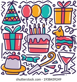 Hand Drawn Birthday Party Doodle Set With Icons And Design Elements