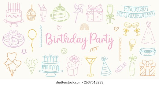 Hand drawn birthday party doodles. Cake, cupcake, milkshake, gifts, party hat, balloons, candles, drinks, confetti, ice cream, and sweets. Vector flat doodle design for birthday card invitation.