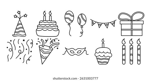 Colección de elemento de fiesta de cumpleaños dibujado a mano