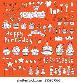 Hand drawn Birthday party elements on orange background. Vector illustration