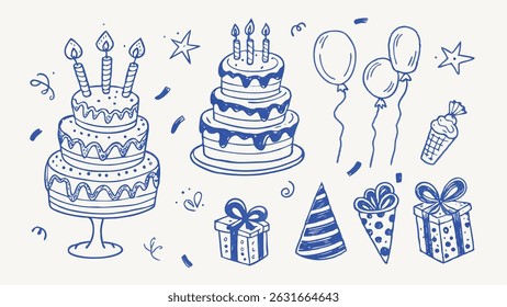 Elementos de fiesta de cumpleaños dibujados a mano Anuncios globos pastel regalos confeti y más perfecto para tarjetas de invitaciones y decoraciones de fiesta