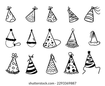 Hand Drawn Birthday Party Hat Outline Vector Set