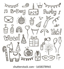 Hand drawn birthday party set isolated on a white background. Doodle black birthday icons. Birthday cake, pinata, rainbow, garland, gift. Vector illustration