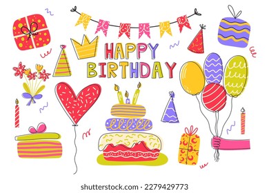 Hand drawn Birthday party set. Cakes with candles, balloons, gifts, festive caps, flowers, confetti and crown.