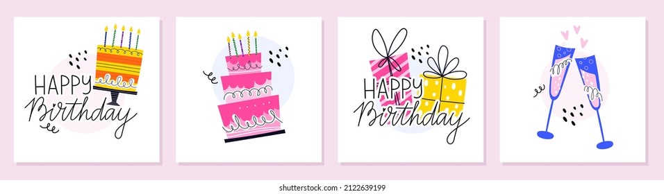 Hand drawn birthday postcard collection. Cakes with candles, gift boxes with bow, champagne glases with bubbles. Happy birthday lettering. Design for greeting card, poster or banner, sticker set. 