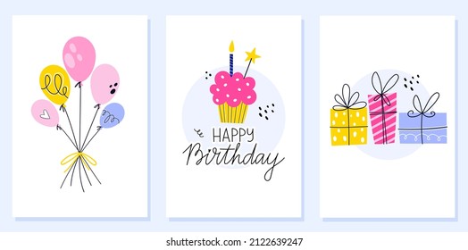 Hand drawn birthday postcard collection. Cupcake with candle, gift boxes with bow, balloons. Happy birthday lettering. Design for greeting card, poster or banner, sticker set. 