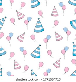 Hand drawn birthday seamless pattern with balloons, gift boxes 