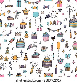 Hand drawn Birthday seamless pattern. Cute background. Party theme. Vector illustration