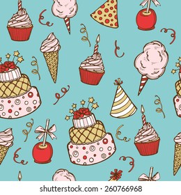 Hand drawn birthday seamless pattern. Birthday cake, cupcake, birthday hat, cotton candy, candy apple, ice cream. 