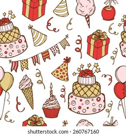 Padrão de aniversário sem costura desenhado à mão. Bolo de aniversário, cupcake, balões de ar, guirlandas de bandeiras, caixa de presente, chapéu de aniversário, algodão doce, maçã doce, sorvete. Fundo branco