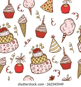 Hand drawn birthday seamless pattern. Birthday cake, cupcake, birthday hat, cotton candy, candy apple, ice cream. White background