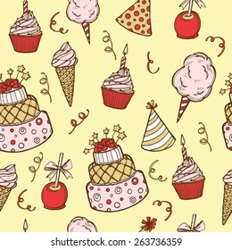 Hand drawn birthday seamless pattern. Birthday cake, cupcake, birthday hat, cotton candy, candy apple, ice cream. White background