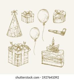 Colección Ilustraciones Vectoras de Cumpleaños Dibujadas A Mano. Esbozos para celebraciones navideñas con caja de regalo, pastel, sombrero, globos y cuerno de fiesta. Aislado.