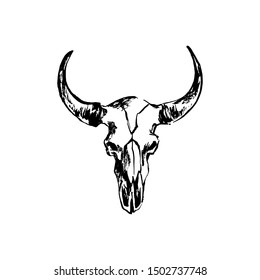 Hand drawn bison skull. Buffalo cranium vector illustration. Cow head bone black isolated on white background. 