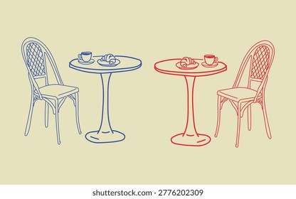 Hand Drawn Bistro Cafe Table and Chair Doodle Set - Sketched Outdoor Restaurant Furniture with Coffee and Croissant for Dining and Menu Design.