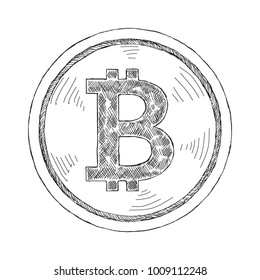 Hand drawn bitcoin icon. Cryptocurrency sketch.  Virtual currency doodle illustration.