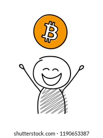 Hand drawn bitcoin icon with happy stickman. Vector.