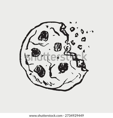 Hand drawn bitten chocolate chip cookie with scattered crumbs and playful texture. Vector sketch illustration in vintage crayon charcoal style. Dessert-themed designs, bakery design, confectionery.