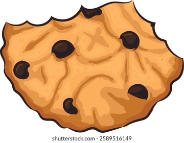 Hand drawn bitten cookie with chocolate drops. More than half sweet have been eaten