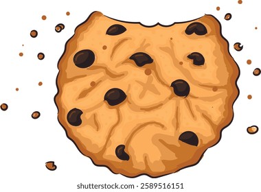 Hand drawn bitten cookie with chocolate drops and crumbs