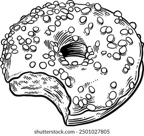 Hand drawn Bitten Donut with Sprinkles Sketch Illustration